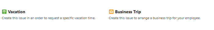 Vacation and Business Trip work types - Project settings (shows the name of the work types, their icons and brief description of what they're used for)