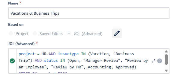 Calendar creation window, main settings. Name, what the calendar is based on. JQL option is chosen, and the JQL for the work types is shown.