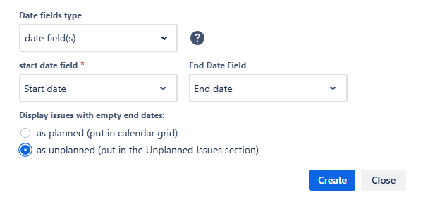 Calendar creation window, main settings. The picture shows that for date field types the option date fields is selected, with start date and end date as the brackets of the work item.
