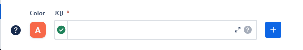 Calendar settings - Card colors. A small clip showing how the user types in the JQL query into the field to associate it with a pale green color, then clicks a plus button to add the card color rule.