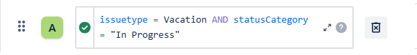 Calendar settings - Card colors. A more saturated green color is being associated with another JQL rule, describing all Vacation works with status category In Progress.