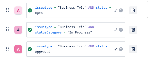 Calendar settings - Card colors. Shades of pink are associated in the similar manner with Business Trip work items based on their statuses.