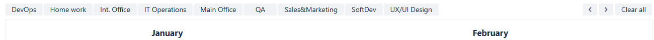 Quick filter row above the calendar grid - buttons you can click with the names of the departments and primary work locations.