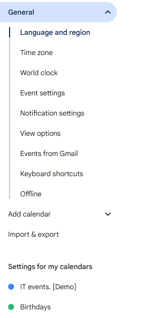 The left-hand sidebar in Google Calendar settings is shown. In the bottom is a Calendar called IT events demo - our future external calendar.
