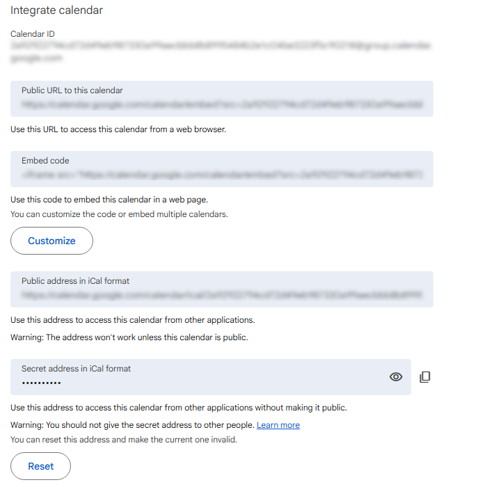 Integration settings of the Google calendar - various links to implement the calendar into web pages and applications are listed here.