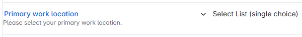 Custom fields showed in the custom fields settings (found in Settings - Work items - Custom fields). Shows the custom fields' names (Department and Primary work location), their brief description and the field type - Select List (single choice).