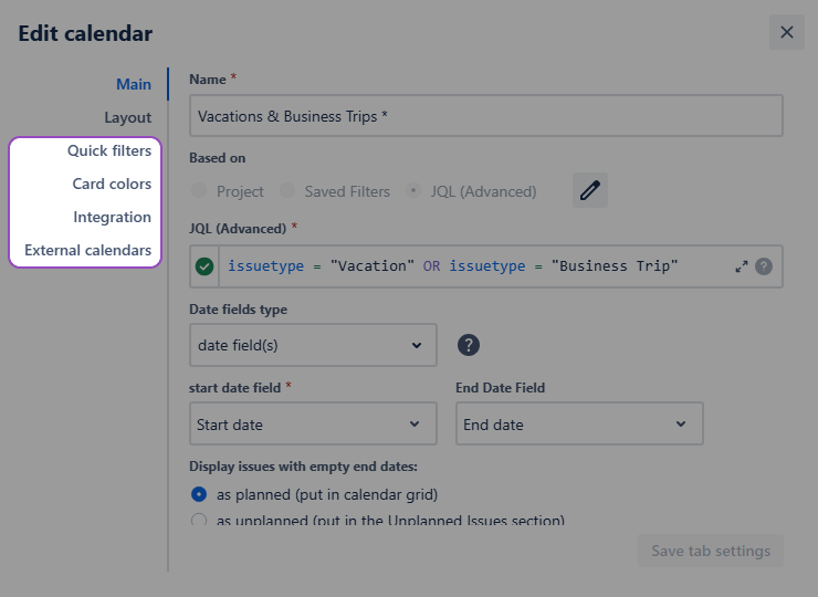New tabs available in the settings are highlighted - quick filters, card colors, integration and external calendar.