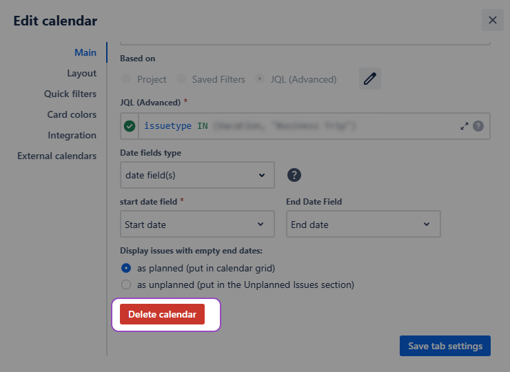 Delete button in the main settings of the calendar is highlighted.