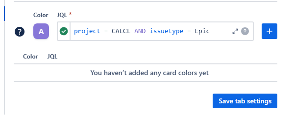 A light purple color is chosen and the JQL specifies the project and the work type as epic.