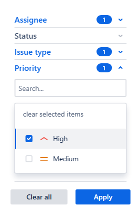 A few instant filters are activated at the same time - one assignee, one issue type and priority. The options are to apply the filter or to clear all.