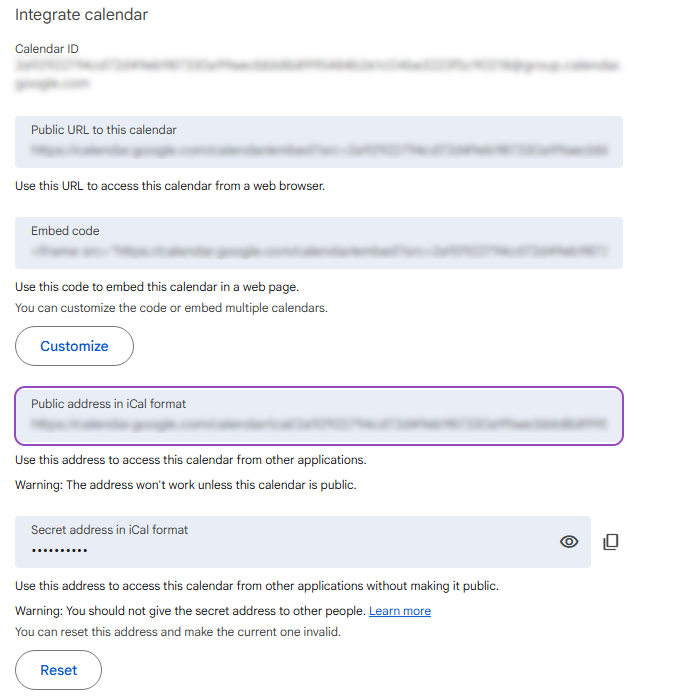 Integration settings of the Google calendar - various links to implement the calendar into web pages and applications are listed here.