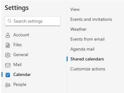 In main settings a chosen option is Calendar, in the Calendar settings - Shared calendars.