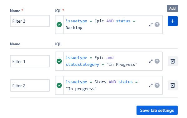 Three different quick filter queries are shown in the Quick filter settings.