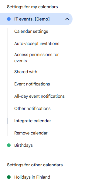 After we clicked the IT events demo in the settings, a list of sub-settings for the Google calendar opened. We go to Integrate calendar.