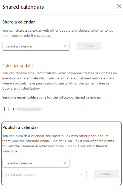 In the shared calendar settings Publish a calendar section is highligh