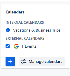 Calendars menu. Vacations and Business trips calendar is located in Internal calendars. Below, in external calendars, is the IT events calendar.