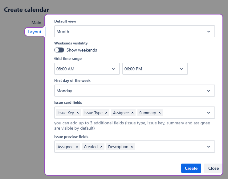The layout tab of the calendar creation window - the fields are explained below.
