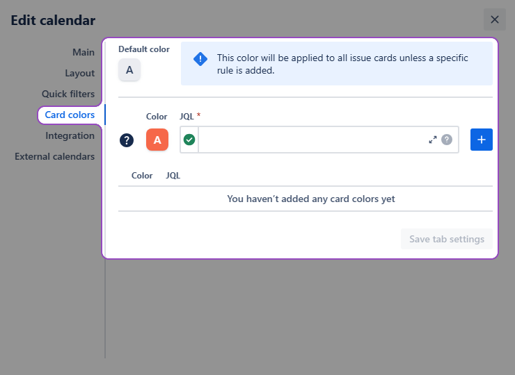 Calendar settings - card colors tab is highlighted.