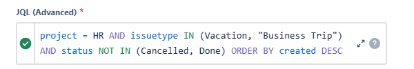 Calendar creation window, main settings. Name, what the calendar is based on. JQL option is chosen, and another version of JQL for the work types is shown.